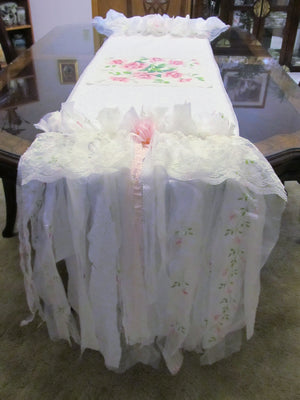 Shabby Pink Roses Table Runner Tablecloth - OOAK - Vintage Style Fringe 19