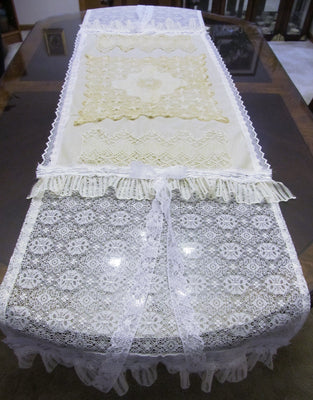 Ivory and White Lace Table Runner Tablecloth - Tattered Special Occasion - OOAK - Vintage Style 23
