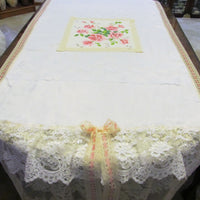 Shabby Pink Roses and Lace Table Runner Tablecloth - OOAK - Vintage Style 37" x 116"
