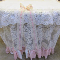 Shabby Pink Roses and Lace Table Runner Tablecloth - OOAK - Vintage Style 37" x 116"