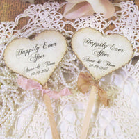 Personalized Wedding Heart Cupcake Toppers - Rustic Vintage Style