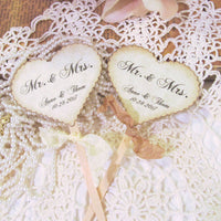 Personalized Wedding Heart Cupcake Toppers - Rustic Vintage Style