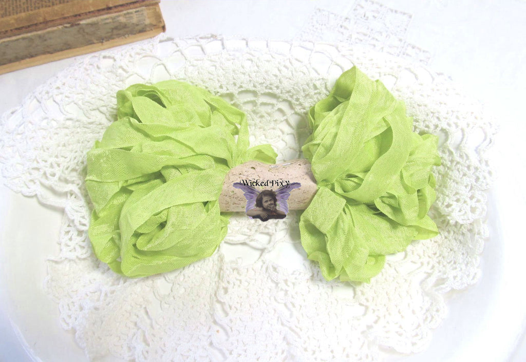 10 Yards Vintage Seam Binding Ribbon - CHARTREUSE - Crinkled Scrunched Hug Snug Lime Green Shabby Ribbon