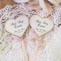 Wedding Hearts Cupcake Toppers w/ribbons -  Best Day Ever - Customized Party Picks - Set of 12 - Choose Ribbons - Rustic Vintage Picks Flags