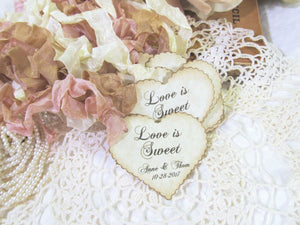 Wedding Favor Heart Tags w/ribbons - Love is Sweet - Scallop Parchment Hearts - Personalized - Set of 28 - Choose Ribbon Color - Customized