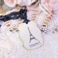 French Paris Eiffel Merci Tags Large Gift Hang Favor w/ribbons - Set of 9