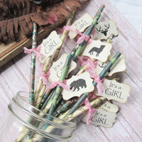 It's a Girl Pink & Camo Baby Shower Package Kit Bundle -  Banner and Straws