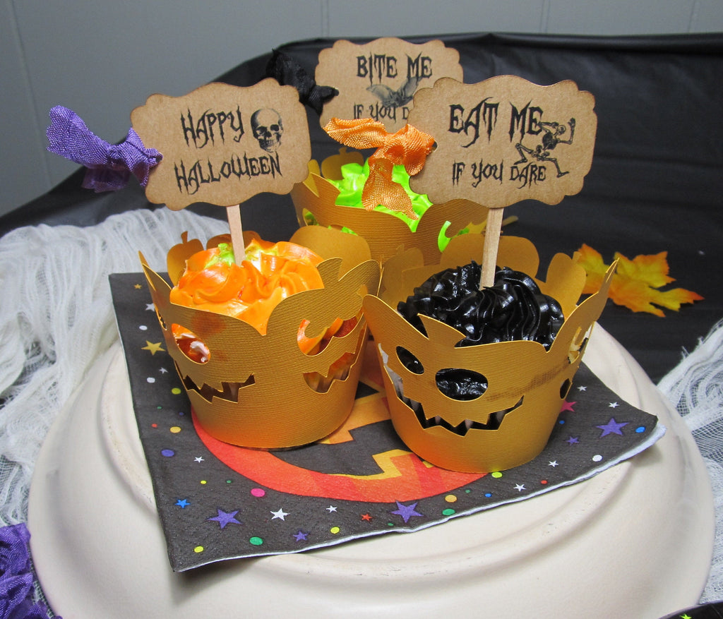 12 Halloween Cupcake Toppers - Kraft Eat Me Bite Me Trick or Treat If You Dare