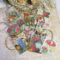 9 Vintage Seed Packet Catalog Image Gift Hang Tags with twine - Vintage Vegetable Fruit Flowers Tags - Printed - Mix #1
