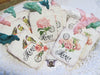 9 French Merci Gift Hang Tags with ribbons - Vintage Style Tags - Printed - Birds Roses Flowers Hydrangea Shabby Style Floral
