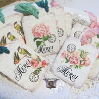 9 French Merci Gift Hang Tags with ribbons - Vintage Style Tags - Printed - Birds Roses Flowers Hydrangea Shabby Style Floral