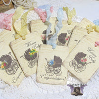 9 Vintage Carriage Gift Hang Tags with ribbons - Vintage Style Tags - Printed - Baby Shower Gift Tags Shabby Style Floral