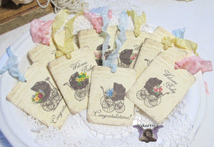 9 Vintage Carriage Gift Hang Tags with ribbons - Vintage Style Tags - Printed - Baby Shower Gift Tags Shabby Style Floral
