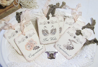 9 Wedding Gift Hang Tags with ribbons - Vintage Style Tags - Printed - Bridal Shower Gift Tags Shabby Style Swans Flowers Dove Peach Brown