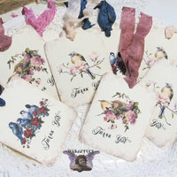 9 Vintage Bird Roses Gift Hang Tags with ribbons - Vintage Style Thank You - Printed - Birds Roses Flowers Shabby Style Floral Gift Wrap