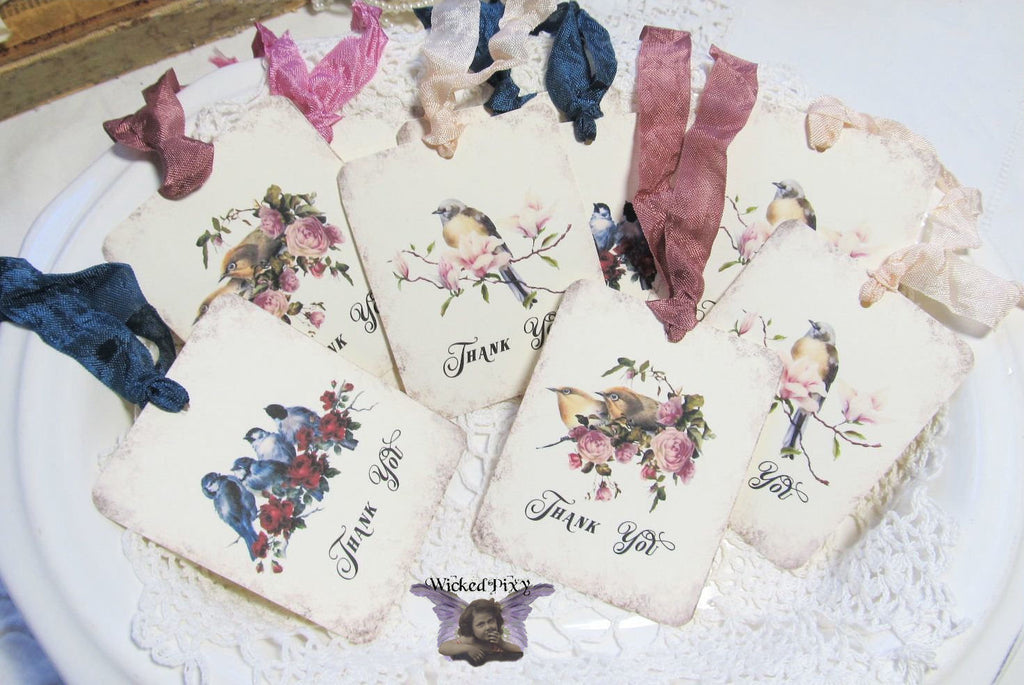 9 Vintage Bird Roses Gift Hang Tags with ribbons - Vintage Style Thank You - Printed - Birds Roses Flowers Shabby Style Floral Gift Wrap
