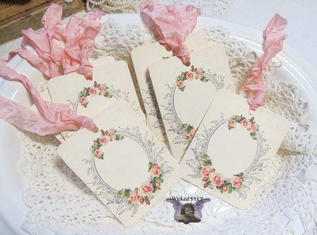 9 French Frame Roses Blank Gift Hang Tags with ribbons - Vintage Style Tags - Printed - Roses Flowers Shabby Style Floral Journaling