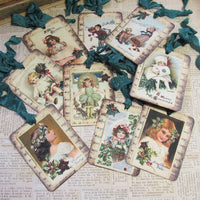 9 Christmas Postcard Gift Hang Tags with ribbons - Vintage Style Tags - Printed  - Vintage Children Holly
