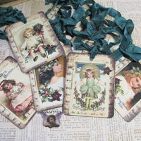 9 Christmas Postcard Gift Hang Tags with ribbons - Vintage Style Tags - Printed  - Vintage Children Holly
