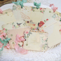 9 French Ledger Roses Gift Hang Tags with ribbons - Vintage Style Tags - Printed - Roses Flowers Shabby Style Floral Journaling Butterfly