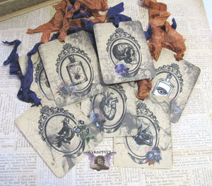 9 Gothic Halloween Gift Hang Tags with ribbons - Witch Mirror - Vintage Style Tags - Printed  - Vintage Horror Ephemera Images