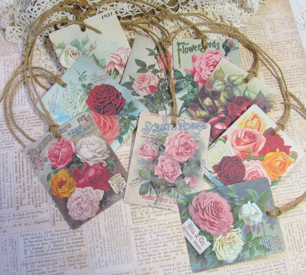 9 Roses Vintage Seed Packet Catalog Image Gift Hang Tags with twine - Vintage Flower Tags - Printed - Roses #1