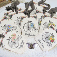 9 Vintage Bicycle Gift Hang Tags with ribbons - Vintage Style Tags - Printed - Happy Birthday Gift Tags Shabby Style Floral