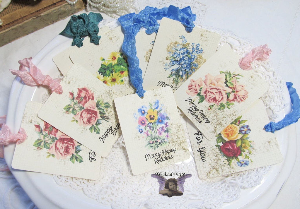 9 Floral Flowers Gift Hang Tags with ribbons - Vintage Style Tags - Printed - Happy Birthday Gift Tags Shabby Style Floral Roses