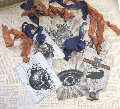9 Gothic Halloween Gift Hang Tags with ribbons - Vintage Style Tags - Printed  - Vintage Horror Ephemera Images