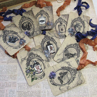 9 Gothic Halloween Gift Hang Tags with ribbons - Witch Mirror - Vintage Style Tags - Printed  - Vintage Horror Ephemera Images