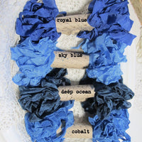 24 Yards Vintage Seam Binding Ribbon - BLUES #1 - 6 Yards Each of 4 Colors - Crinkled Scrunched Royal Blue Ocean Medium Blue Cobalt Sky