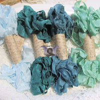 24 Yards Vintage Seam Binding Ribbon - GREENS #2 - 6 Yards Each of 4 Colors - Crinkled Scrunched mint aquamarine forest green ribbon
