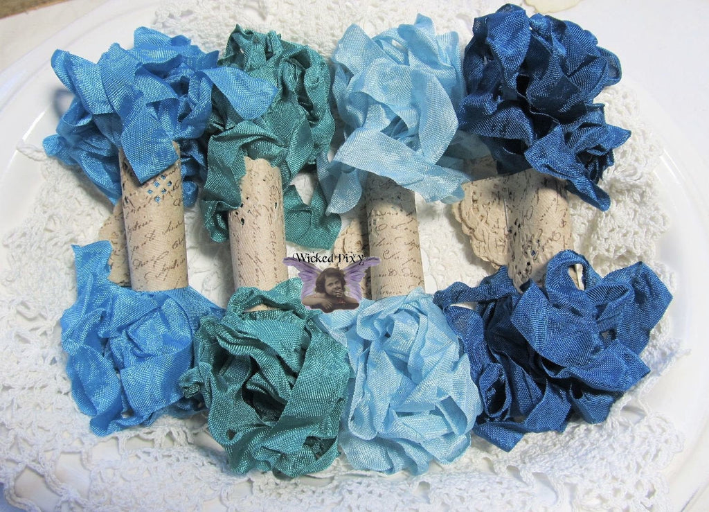 24 Yards Vintage Seam Binding Ribbon - PEACOCK #1 - 6 Yards Each of 4 Colors - crinkled scrunched Jade Green Aqua Blue Teal Turquoise