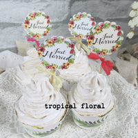 Just Married Floral Boho Succulent or Tropical Cupcake Toppers - Set of 18