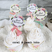 Watercolor Floral Just Married Cupcake Toppers