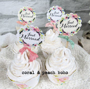 Watercolor Floral Just Married Cupcake Toppers