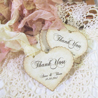 28 Wedding Favor Heart Tags w/ribbons, Thank You Tags - Scallop Parchment Hearts - Personalized Customized - Choose Ribbon Color