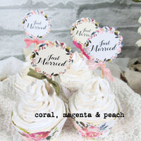 Just Married Floral Boho Succulent or Tropical Cupcake Toppers - Set of 18