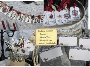 Gothic Red Roses Bridal Shower Decorations Package - Banner Cupcake Toppers Favor Tags