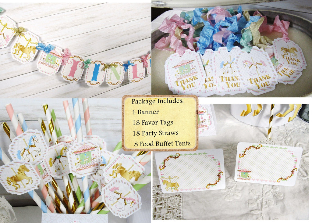 Carousel Horse Birthday or Baby Shower Decorations Package - Custom Banner Garland