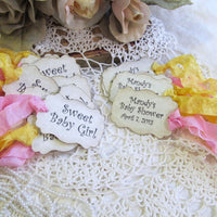 It's a Girl Baby Girl Shower Favor Gift Tags - Parchment Double Sided Customized Personalized - Set of 18 - Choose Ribbons - sweet baby girl