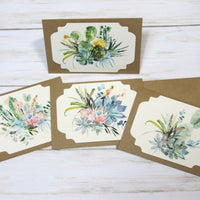 Cactus Watercolor Floral Blank Kraft Note Cards with Envelopes - Set of 4 - All Occasion Greeting or Thank You Cards