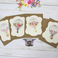 Hot Air Balloon Watercolor Floral Blank Kraft Note Cards with Envelopes - Set of 4 - All Occasion Greeting or Thank You Cards Baby Shower