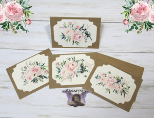 Watercolor Floral Flowers Birds Blank Kraft Note Cards w/ Envelopes - Set of 4 - All Occasion Greeting Thank You Baby Shower Bridal Wedding
