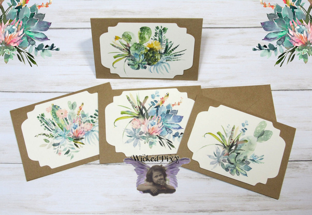 Cactus Watercolor Floral Blank Kraft Note Cards with Envelopes - Set of 4 - All Occasion Greeting or Thank You Cards
