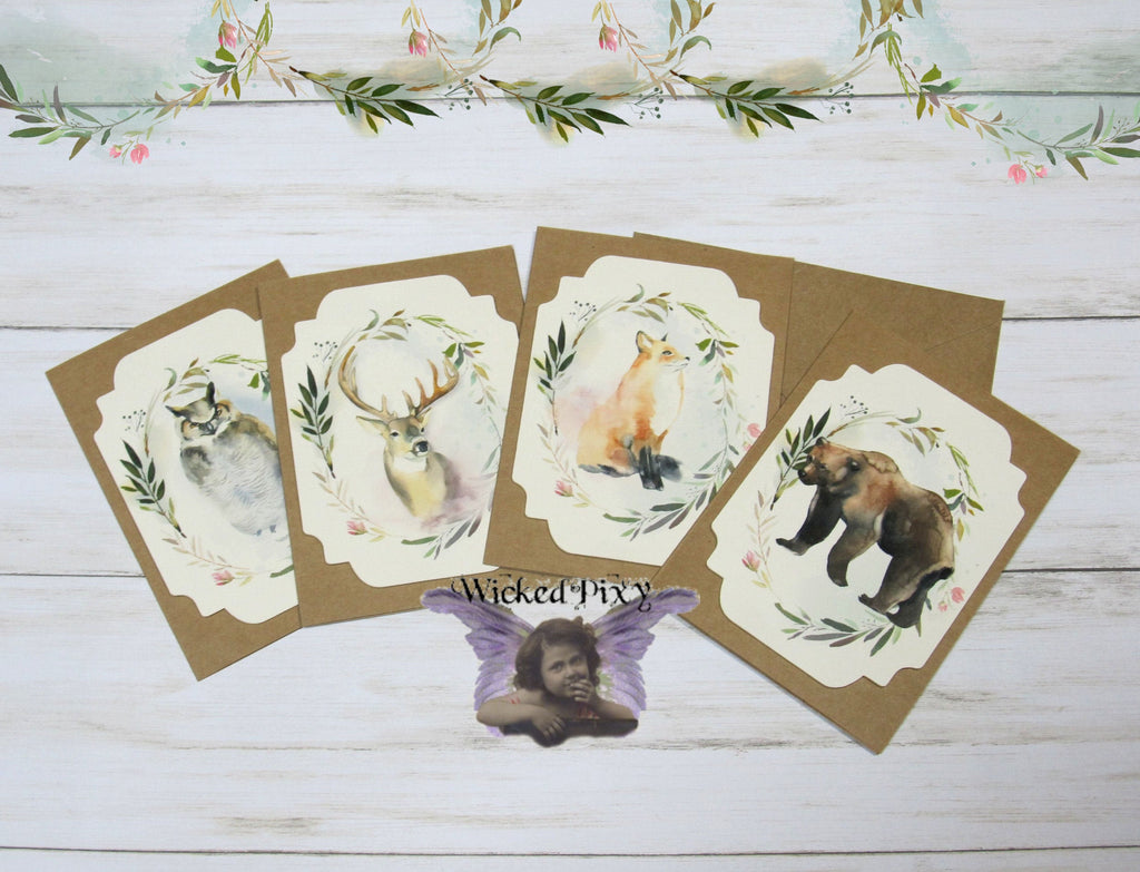 Forest Woodland Animals Watercolor Floral Blank Kraft Note Cards with Envelopes - Set of 4 - All Occasion Birthday Thank You