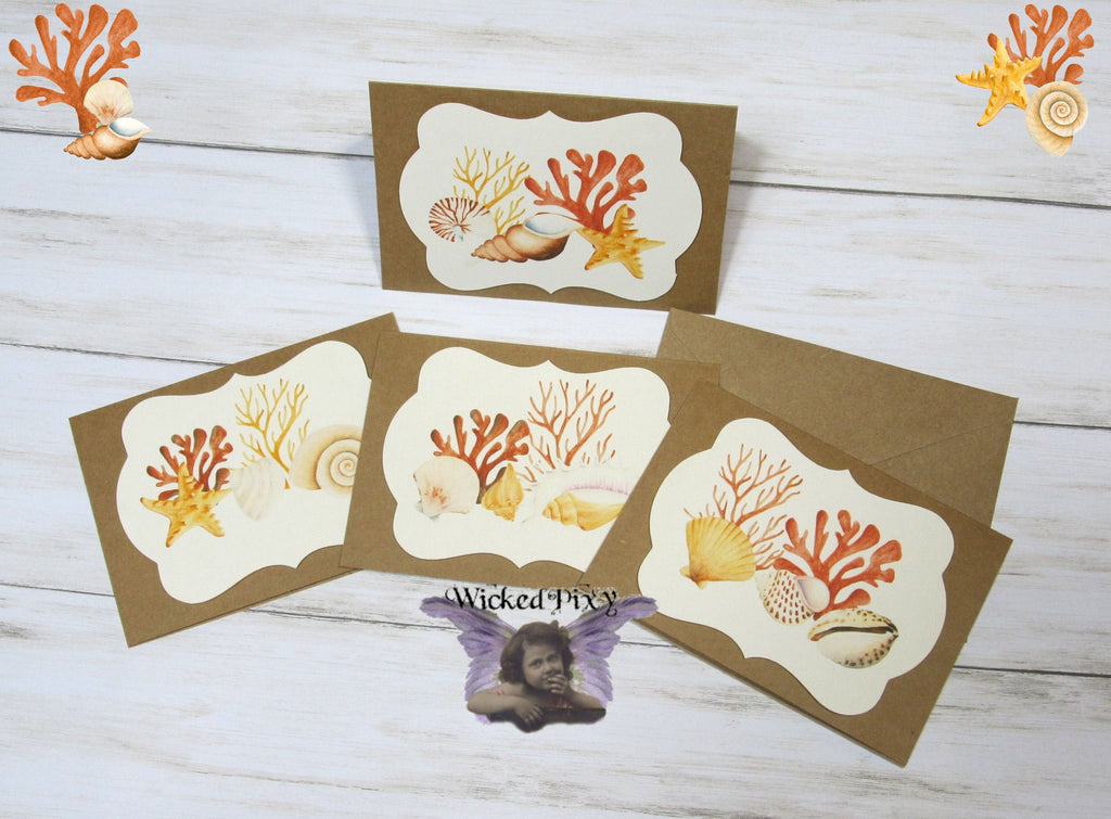 Sea Life Ocean Watercolor Blank Kraft Note Cards w/ Envelopes - Set of 4 - All Occasion Greeting Thank You Baby Shower Bridal Wedding