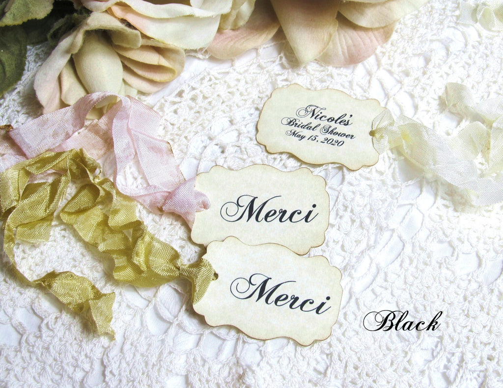 French Merci Thank You Favor Tags w/ribbons - Parchment - Set of 18 - Choose Ribbons - Paris Birthday Baby Bridal Shower Wedding