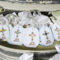Baptism Christening First Communion Gold Cross Decorations - God Bless Name Banner Garland Bunting Cupcake Toppers Favor Bags Tags