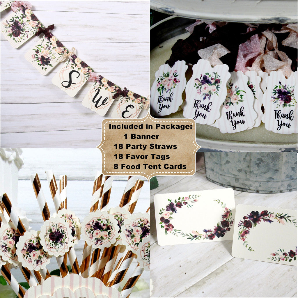 Blush Pink Burgundy Floral Baby Shower Decorations Package